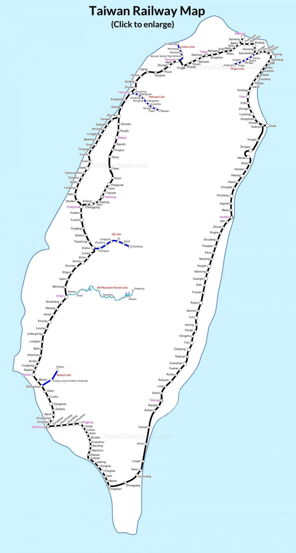 mapa linii kolejowych Tajwanu