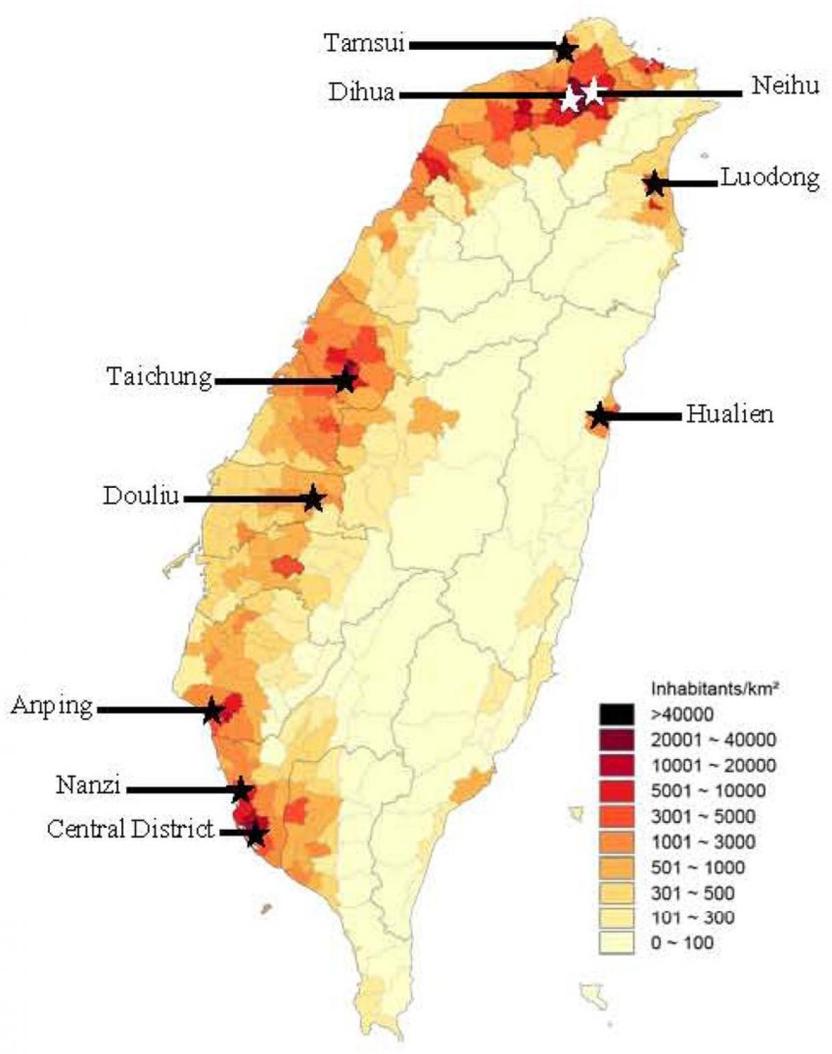 Tajwan mapa gęstości zaludnienia 